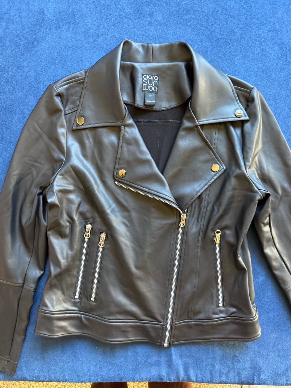 Clara Sun Woo Black Faux Leather Moto Jacket with Silver Hardware
